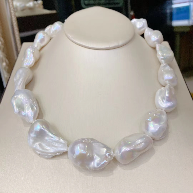 5A 17-27mm Large Baroque Pearl Necklace 40cm, Natural White Iridescent Freshwater Pearls with 18K Gold Clasp, Pearl Wholesale