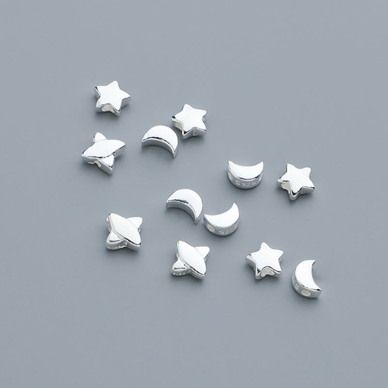 10pcs S925 Vegan Silver Star & Moon Spacer Beads - Glossy Geometric