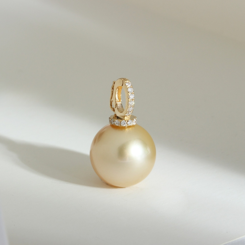 3A 12mm Light Golden South Sea Pearl Pendant, Round Natural Sea Pearl in 18K Gold Clip Bail, Moveable Clasp for DIY or Fine Necklace