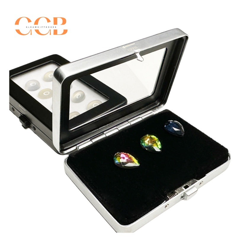 Square Metal Gemstone Display Tray with Glass Top Storage Boxes