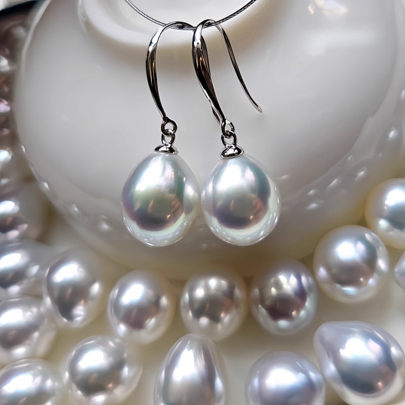 5A 8-13mm Australian White South Sea Pearl Earrings, Drop Shape High Luster Pearls with 18K White Gold Hooks, Luxury Pearl Wholesale