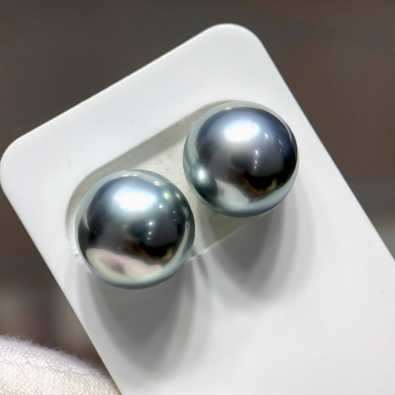 4A 9–14mm Matched Round Tahitian Pearl Pair, Platinum Grey Mirror Luster Sea Pearls, Natural Undrilled Beads for Earrings or Pendant