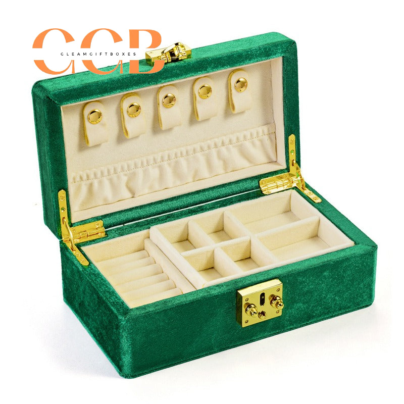Velvet Jewelry Box with Lock, Multi-Compartment Organizer with Earring Hooks, Ring Slots & Necklace Pouch, Vanity & Travel Storage