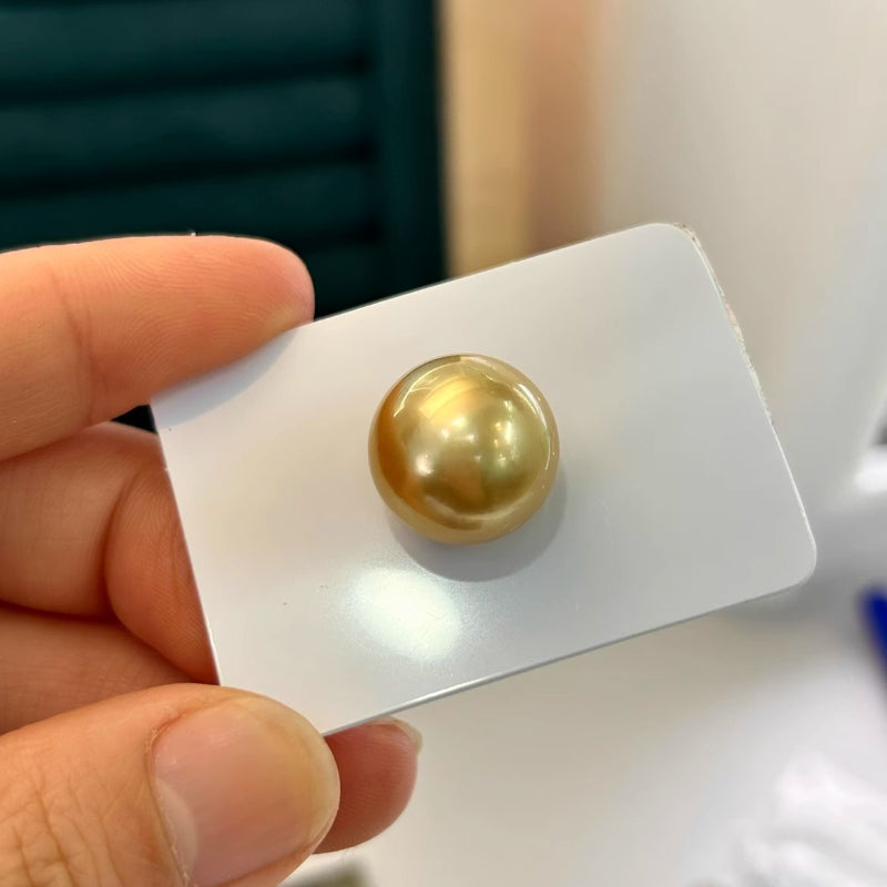 3A 15-16mm Medium Golden South Sea Pearl, Nearly Round Loose Pearl with Mirror Strong Luster, Slight Blemish, Single Bead for Jewelry