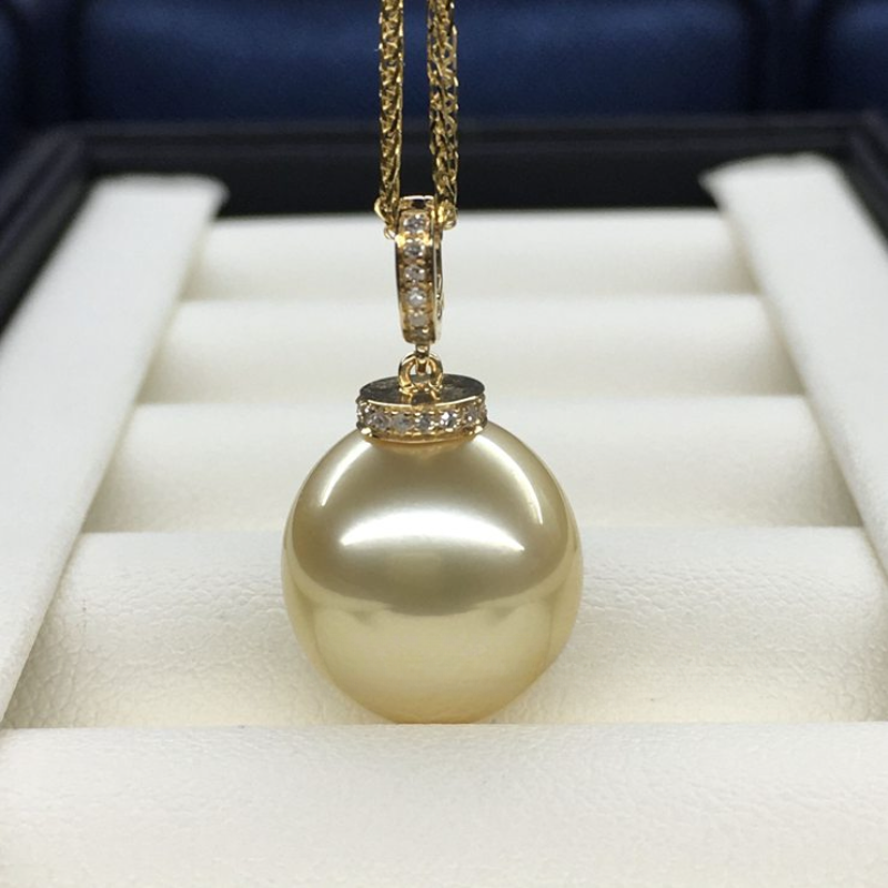 5A 13–14mm Natural Golden South Sea Pearl Pendant, Teardrop Pearl in 18K Gold Diamond Clip Bail, Universal Cap Setting Drop Jewelry