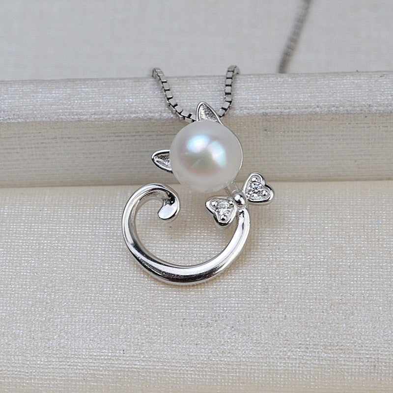 S925 silver cute cat pearl setting for 7-8mm pearl