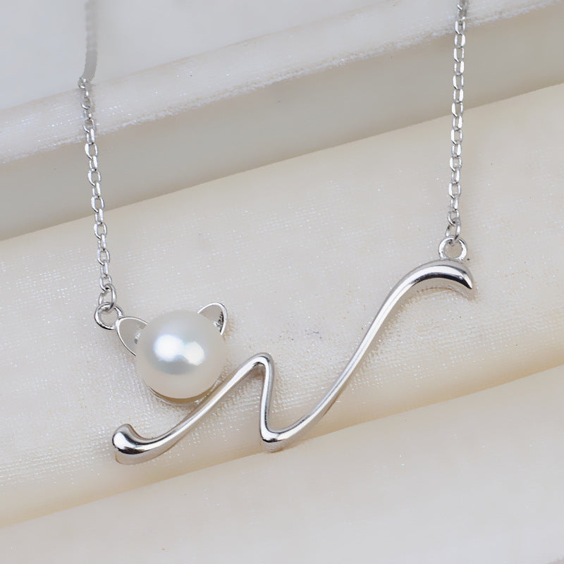 S925 Silver Cat necklace setting for 7-8mm pearl