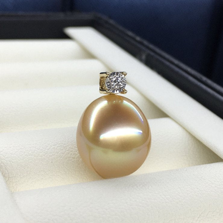 5A 13–14mm Oval Golden South Sea Pearl Pendant, 18K Gold Diamond Drop Setting, Teardrop Sea Pearl Diana Style, Custom Color Match