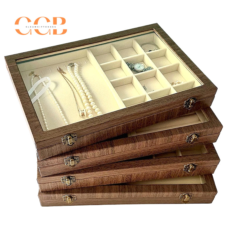 Large Wood Grain Jewelry Display Box with Glass Lid, Storage Tray