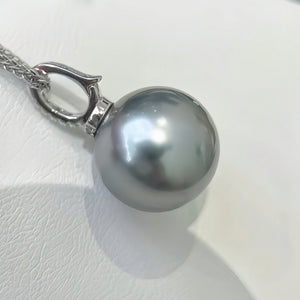 18K Gold 5A Platinum Grey Tahitian Pearl Pendant Necklace, Round High Luster Sea Pearl with Diamond Universal Bail, Pearl Wholesale