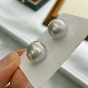 4A 12-13mm Round Australian South Sea Pearl Pair, Natural Gray White Sea Pearls with Strong Luster Slight Blemish for Earrings Jewelry
