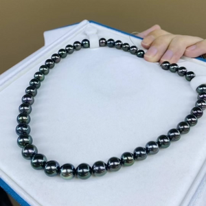 3A 8-11mm Tahitian Pearl Necklace, Natural Black Peacock Green Saltwater Pearls with Aurora Strong Luster, Near Round Strand Jewelry