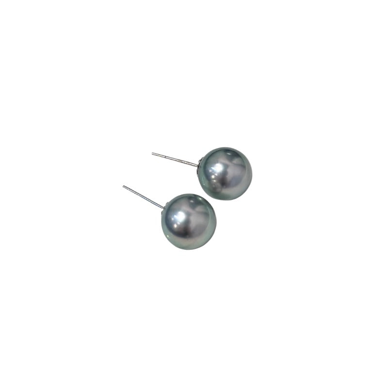 3A 8–11mm Platinum Grey Tahitian Pearl Stud Earrings, Natural Round Sea Pearls in 18K Gold, Mirror Luster Grandma Grey Elegant Jewelry