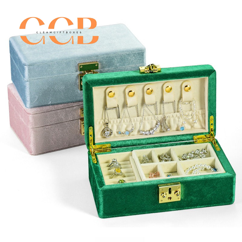 Velvet Jewelry Box with Lock, Multi-Compartment Organizer with Earring Hooks, Ring Slots & Necklace Pouch, Vanity & Travel Storage