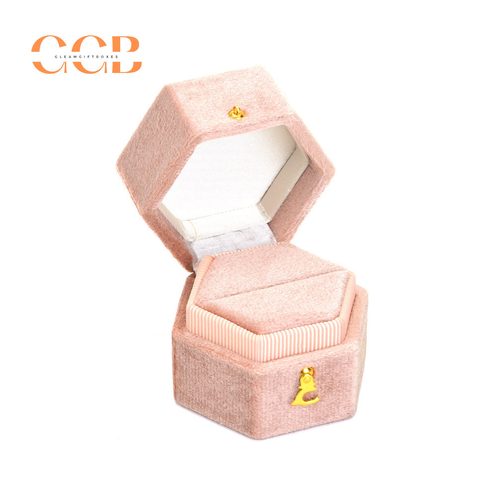 Hexagon Velvet Ring Box Green Wedding Proposal Ring Box