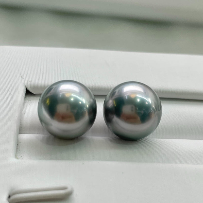 5A 9–14mm Matched Round Tahitian Pearl Pair, Platinum Grey Beads