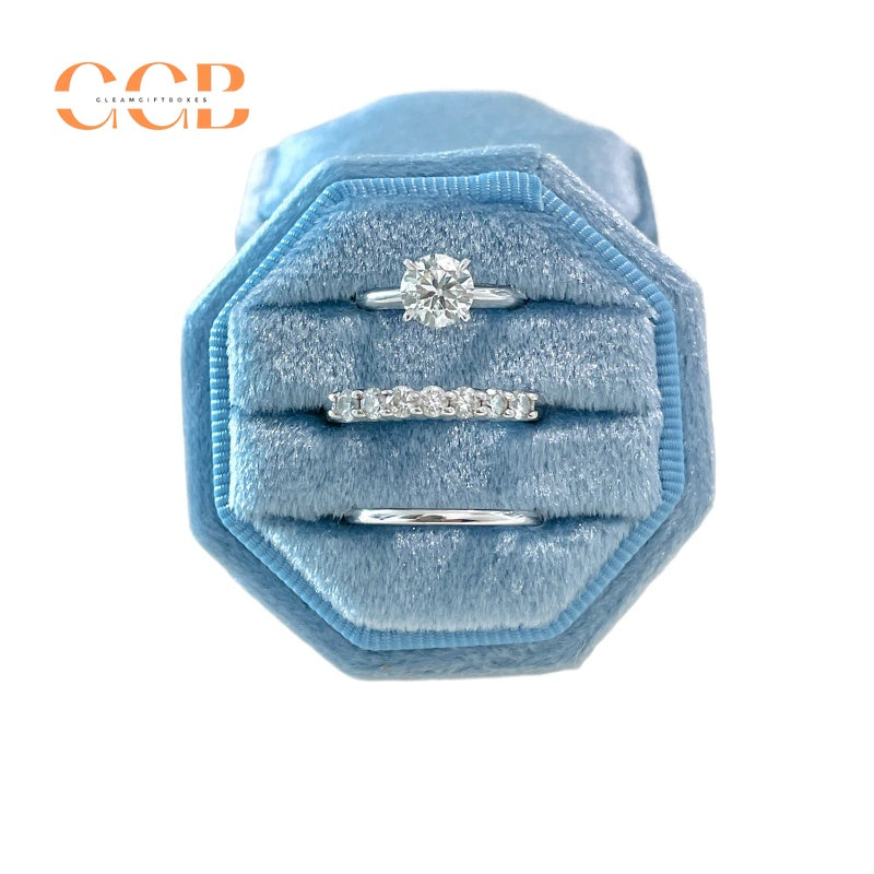 Velvet octagonal three ring box for wedding