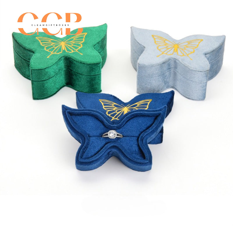 Butterfly Shaped Velvet Ring Box, Gold Foil Print Engagement Proposal Ring Holder, Unique Bridal Jewelry Box