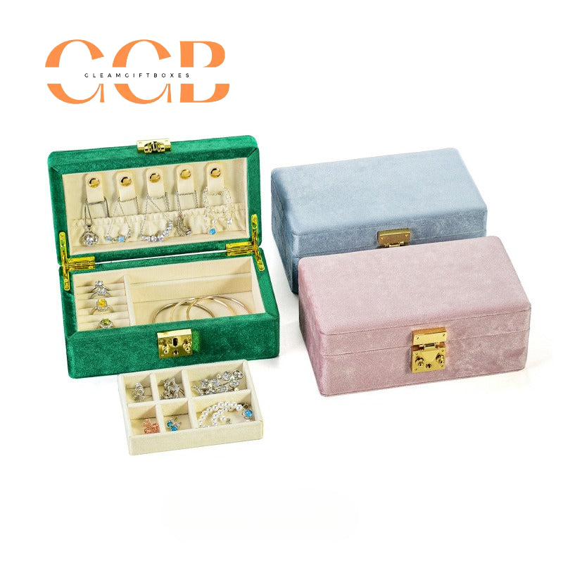 Velvet Jewelry Box with Lock, Multi-Compartment Organizer with Earring Hooks, Ring Slots & Necklace Pouch, Vanity & Travel Storage
