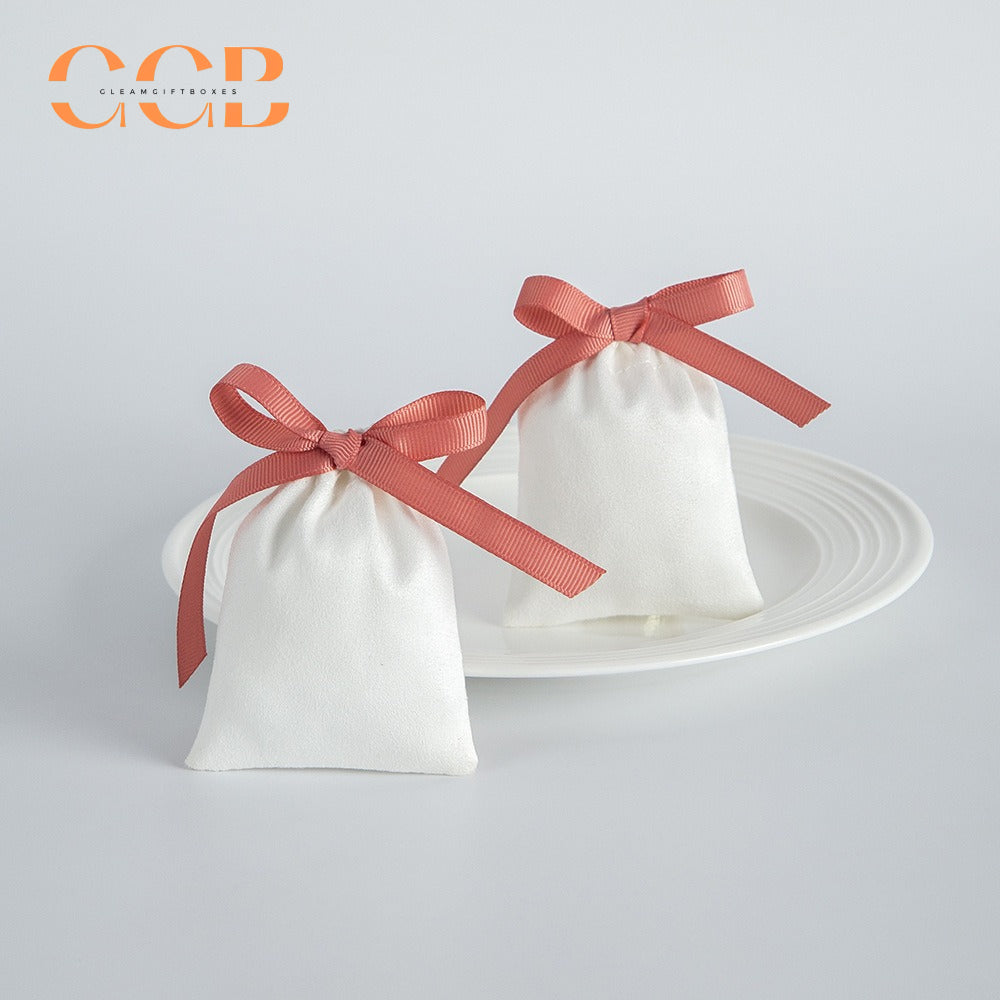 20pcs white jewelry pouch with pink bow, luxury drawstring gift bags for rings earrings necklaces, elegant jewelry packaging set