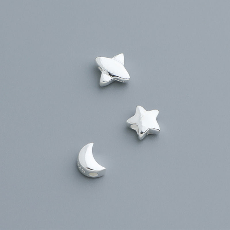 10pcs S925 Vegan Silver Star & Moon Spacer Beads - Glossy Geometric
