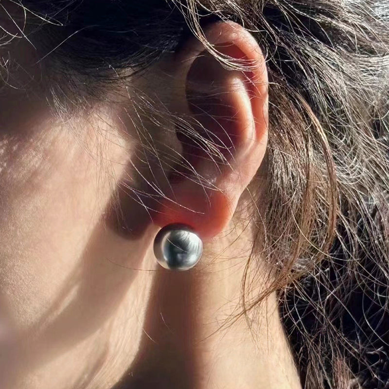 5A 8–12mm Round Tahitian Pearl Stud Earrings, Natural Platinum Grey Sea Pearls in 18K Gold, Strong Luster Elegant Basic Style Jewelry