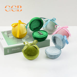 Round velvet jewelry ring box with ribbon single double triple slot gift packaging for wedding engagement proposal display custom logo