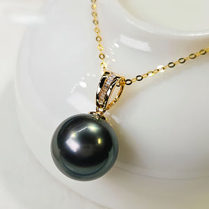 18K Gold 3A 8-13mm Tahitian Black Pearl Pendant Necklace, Round High Luster Sea Pearl with Diamond Bail, Luxury Jewelry, Pearl Wholesale