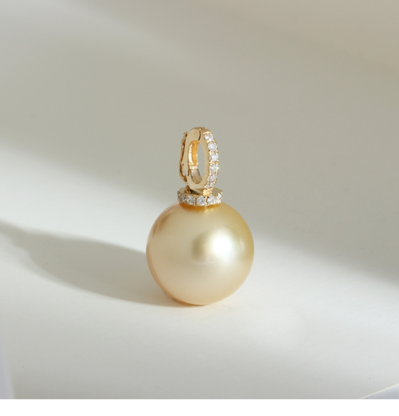 3A 12mm Light Golden South Sea Pearl Pendant, Round Natural Sea Pearl in 18K Gold Clip Bail, Moveable Clasp for DIY or Fine Necklace