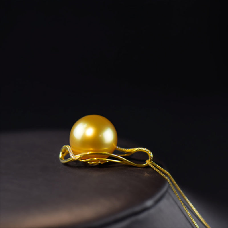 5A 13–14mm Deep Golden South Sea Pearl Pendant, Luxury 18K Gold Setting Gift for Mom, Round Sea Pearl No Chain Included
