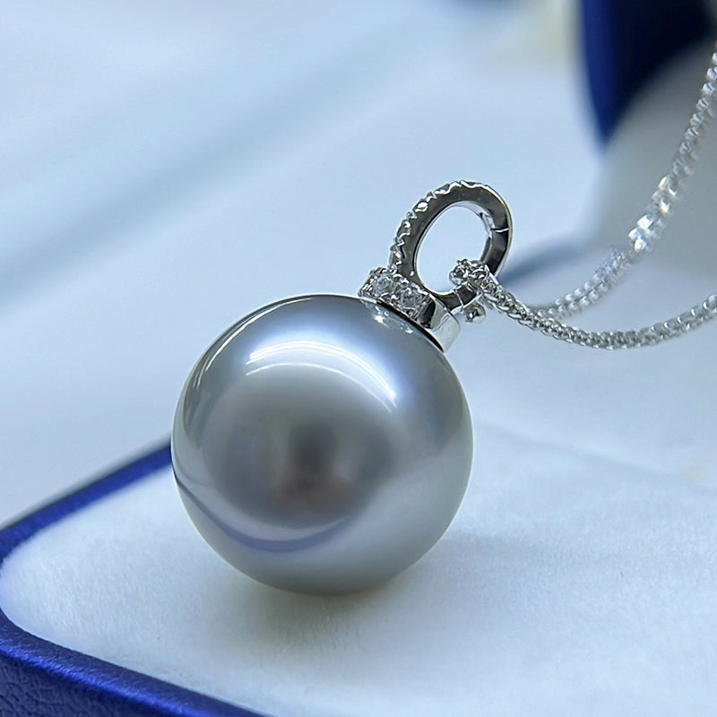 18K Gold 5A Platinum Grey Tahitian Pearl Pendant Necklace, Round High Luster Sea Pearl with Diamond Universal Bail, Pearl Wholesale