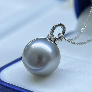 18K Gold 5A Platinum Grey Tahitian Pearl Pendant Necklace, Round High Luster Sea Pearl with Diamond Universal Bail, Pearl Wholesale