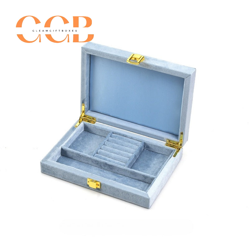 Velvet Jewelry Box with Gold Clasp, Multi-Compartment Organizer for Rings, Earrings & Necklaces, Vanity & Drawer Storage