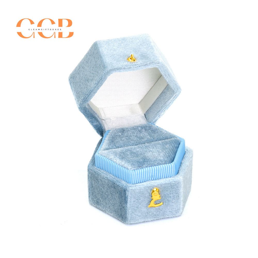 Hexagon Velvet Ring Box Green Wedding Proposal Ring Box