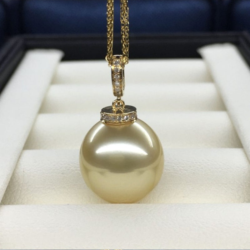 5A 13–14mm Natural Golden South Sea Pearl Pendant, Teardrop Pearl in 18K Gold Diamond Clip Bail, Universal Cap Setting Drop Jewelry