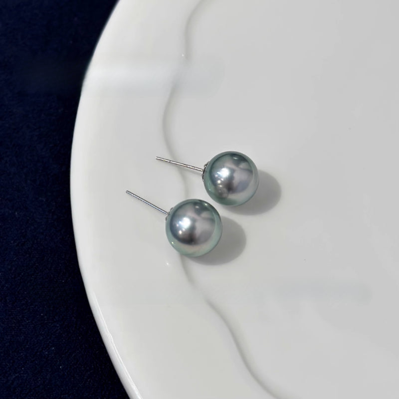 3A 8–11mm Platinum Grey Tahitian Pearl Stud Earrings, Natural Round Sea Pearls in 18K Gold, Mirror Luster Grandma Grey Elegant Jewelry