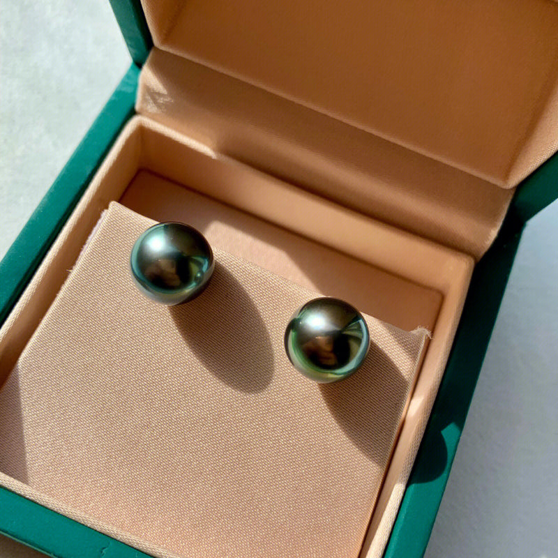 4A 8-14mm Nearly Flawless Tahitian Black Pearl Earrings Custom in 18K Yellow or White Gold Natural Round Seawater Peacock Green Pearl