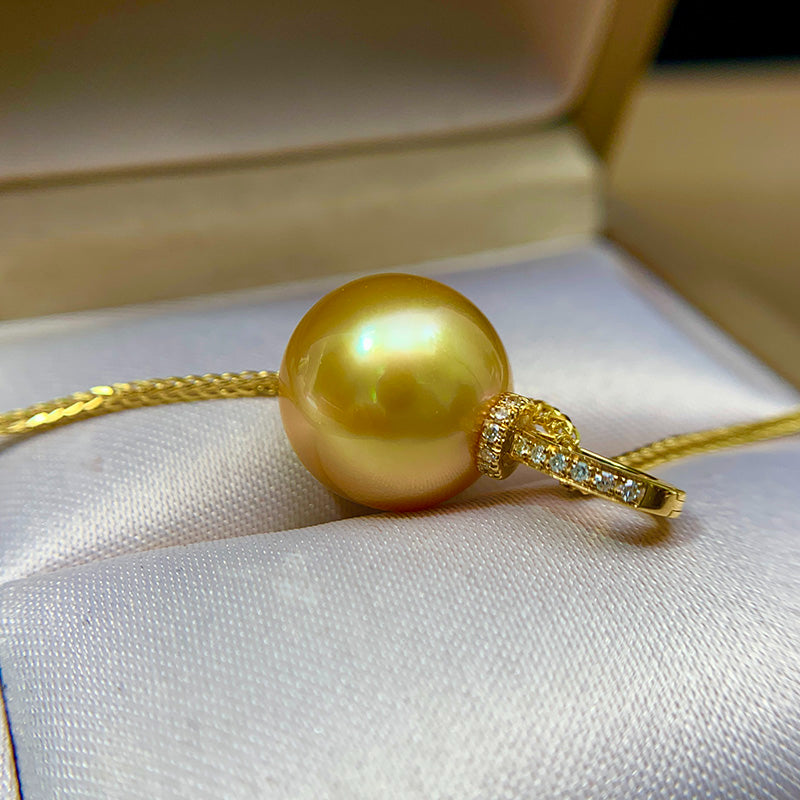 5A 12–14mm Deep Golden South Sea Pearl Pendant, Round Flawless Pearl in 18K Gold Diamond Bail, Luxury High Luster Sea Pearl Jewelry