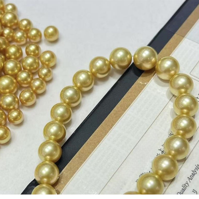 4A 10–14mm Medium Golden South Sea Pearl, Natural Round Saltwater Loose Pearl, Strong Luster Slightly Blemished Bead for Jewelry DIY