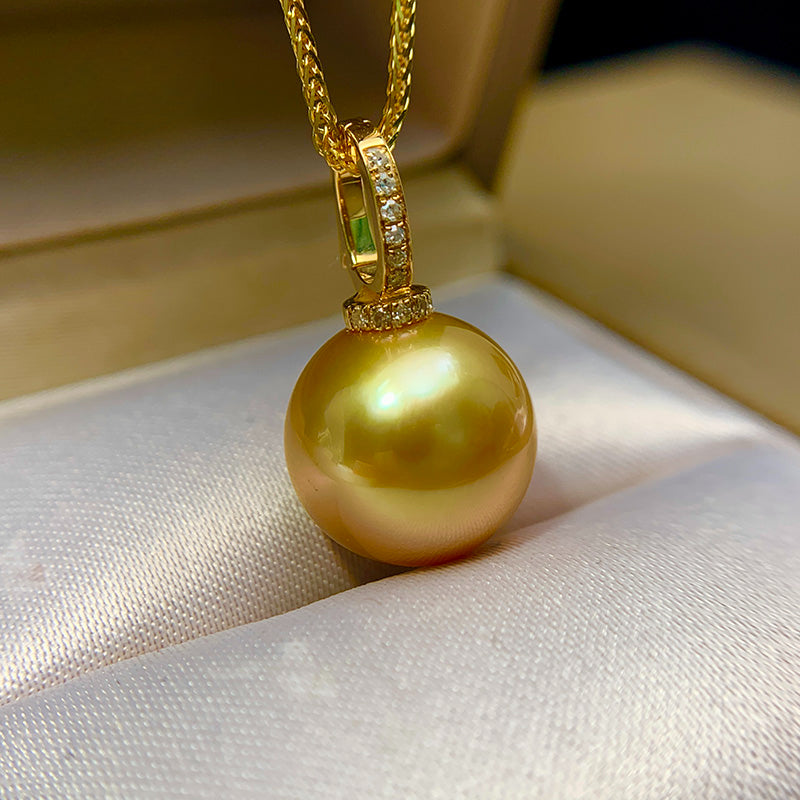 5A 12–14mm Deep Golden South Sea Pearl Pendant, Round Flawless Pearl in 18K Gold Diamond Bail, Luxury High Luster Sea Pearl Jewelry