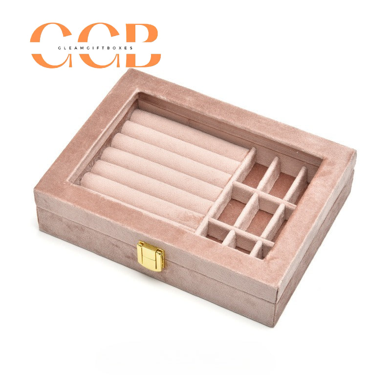 Lockable Clear-Lid Velvet Ring Display Box, Lockable Jewelry Organizer for Rings, Earrings & Studs, Vanity & Retail Display