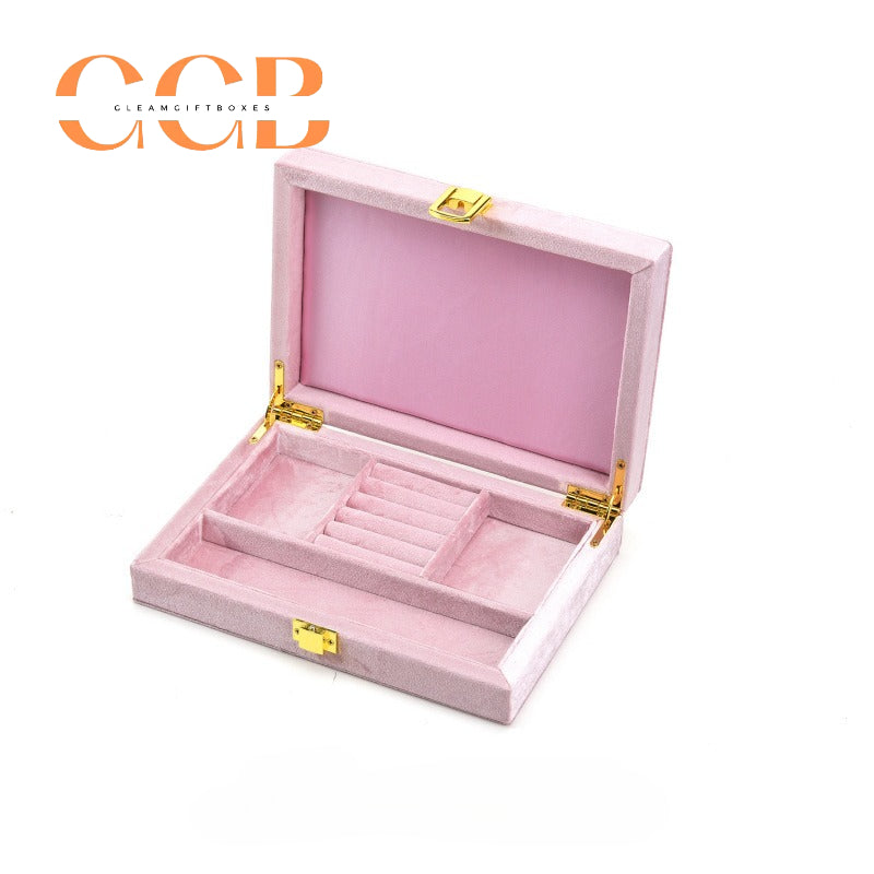 Velvet Jewelry Box with Gold Clasp, Multi-Compartment Organizer for Rings, Earrings & Necklaces, Vanity & Drawer Storage