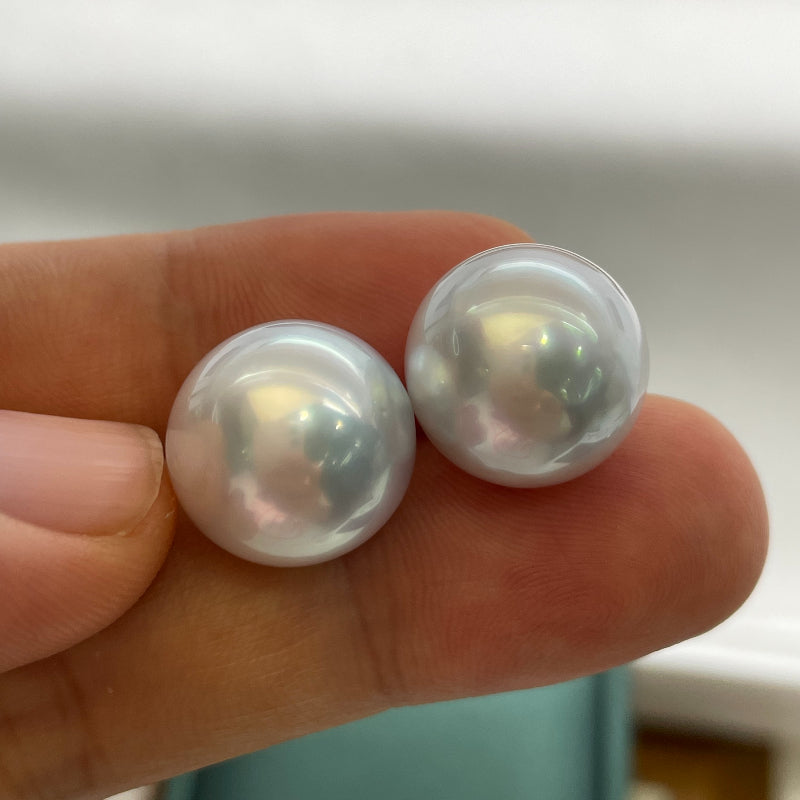 4A 12-13mm Near Round Australian South Sea Pearl Pair, Cool White Pearls Extra Bright Luster Slight Blemish Clean Front for Earrings Jewelry