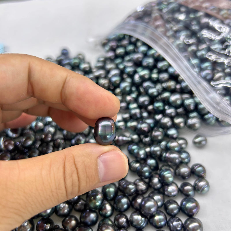 3A 8–10mm Tahitian Black Pearl Undrilled, Natural Saltwater Baroque Drop Pearl, High Luster Strong Overtone with Slight Blemish, DIY Jewelry