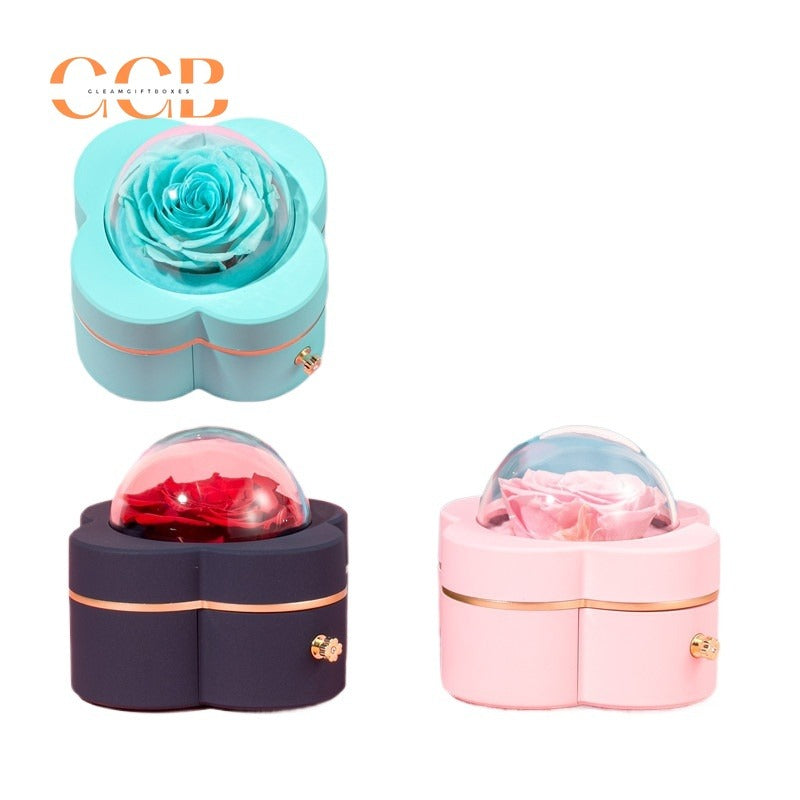 Preserved Four-Leaf Clover Flower Ring or Pendant Jewelry Box