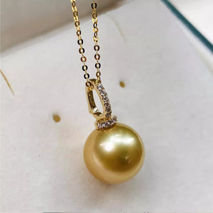 18K Gold 4A 9-14mm Golden South Sea Pearl Pendant Necklace, Round High Luster Pearl with Diamond Bail, Luxury Jewelry, Pearl Wholesale