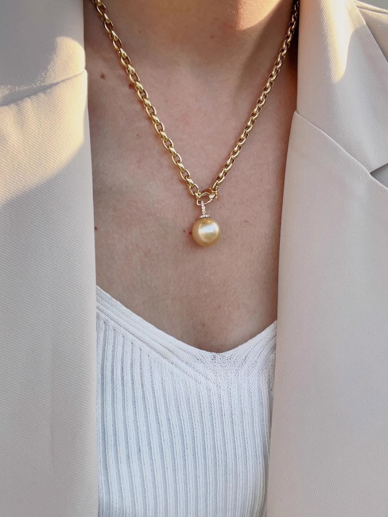 3A 12mm Light Golden South Sea Pearl Pendant, Round Natural Sea Pearl in 18K Gold Clip Bail, Moveable Clasp for DIY or Fine Necklace