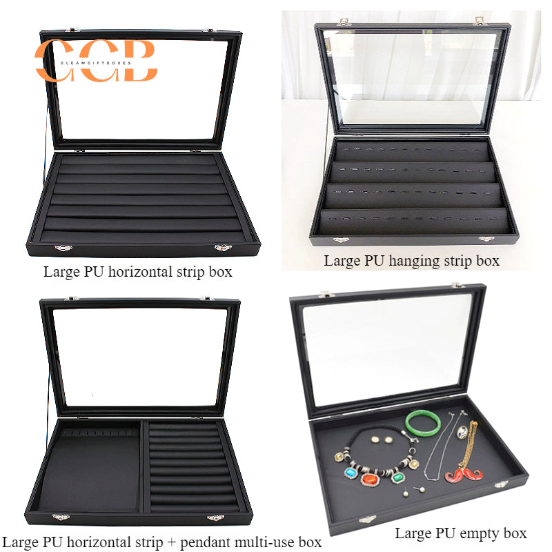 Black Leather Jewelry Display Box with Lid, Medium or Large Size