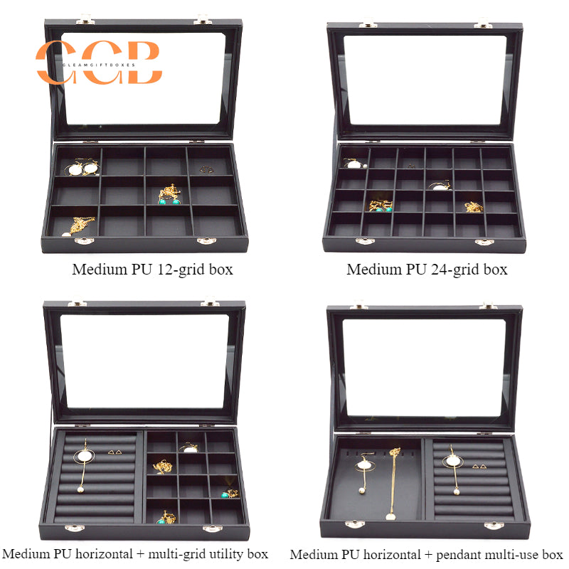 Black Leather Jewelry Display Box with Lid, Medium or Large Size