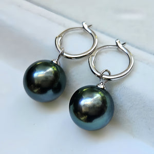 18K Gold 4A 8-11mm Tahitian Black Pearl Earrings, Round High Luster Peacock Green Sea Pearls, Convertible Ear Clips, Pearl Wholesale